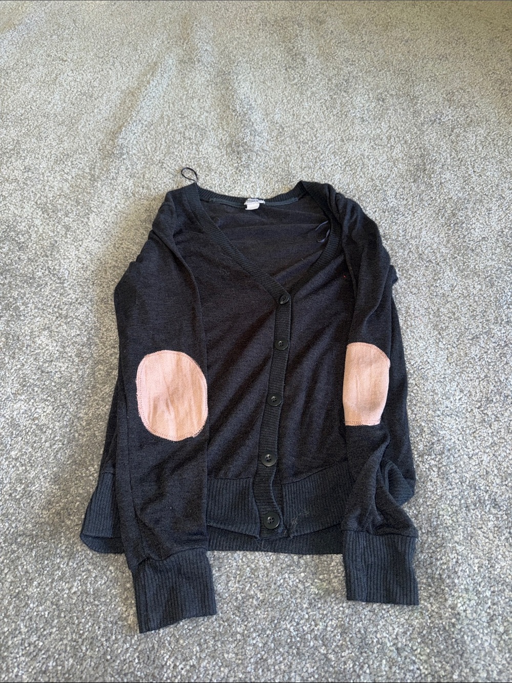 Black Cardigan Sweater with Pinkish Brown Elbow Patches